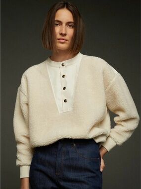 *Unavailable* Soeur London Ecru Cream Sherpa Fleece Cotton Henley Pullover 38